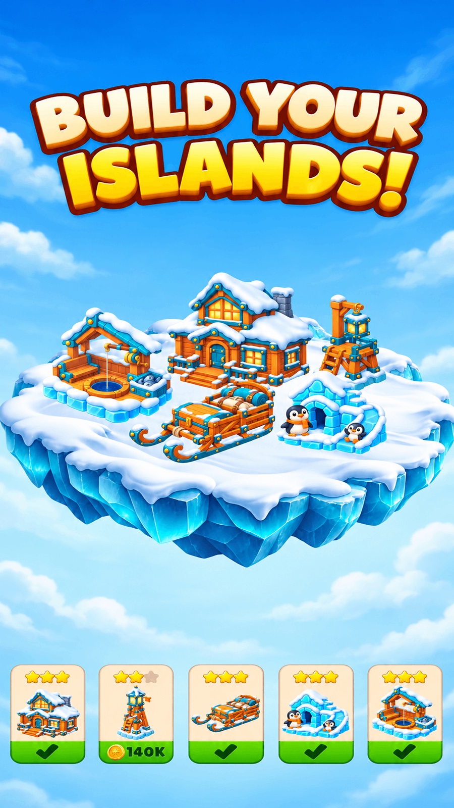 Frost Harbor island with snowy buildings, penguins, and upgrade cards